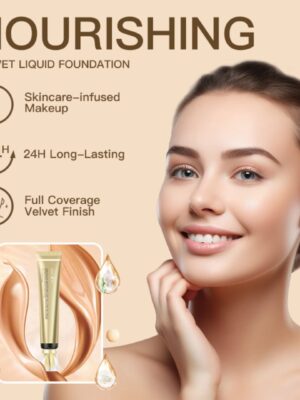 Foundation-Concealer Mengecilkan Pori dan Memberikan Blur Efek, Memberikan Riasan Sempurna, Menghaluskan Kerutan dan Garis Halus Dengan Asam Hialuronat, Karnosin, dan Mikroalga.